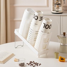 Coffee Cup Holder, Cup and Lid Dispenser with Stand, Disposable Cups Organizer, 3 Slots, for Coffee Station, Bar, Office, Home, Restaurant, Breakroom, Countertop (White)