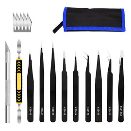 Waltool 16Pcs Precision ESD Tweezers Set and Metal Crowbar Blades with Storage Bag, Stainless Steel Electronic Anti-static Tweezers for Soldering Craft Jewelry Electronics Repair Laboratory Work
