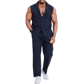 Epoleatries Mens Linen Sets 2 Piece Outfits Sleeveless Shirt and Pants Set Vacation Outfit for Men Summer Beach Suits BLACK L