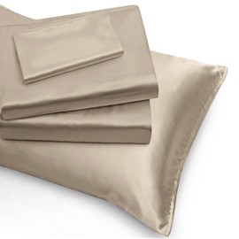 NSGZ 3 Pieces Satin Sheets Twin XL, Silky Satin Bed Sheet Set with 1 Fitted Sheet, 1 Flat Sheet and 1 Pillowcase, Cooling Bed Sheets, Extra Soft Satin Fitted Sheet Set Satin Bedding Sheets, Taupe