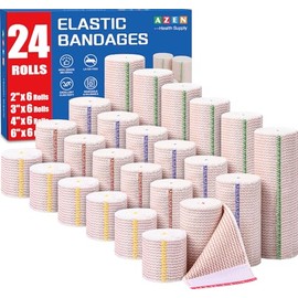 AZEN Paquete Premium de 24 Vendas Elásticas (2 x 2 pulgadas, 2 x 3 pulgadas, 2 x 4 pulgadas, 2 x 6 pulgadas), Venda de Compresión para Piernas, Tobill