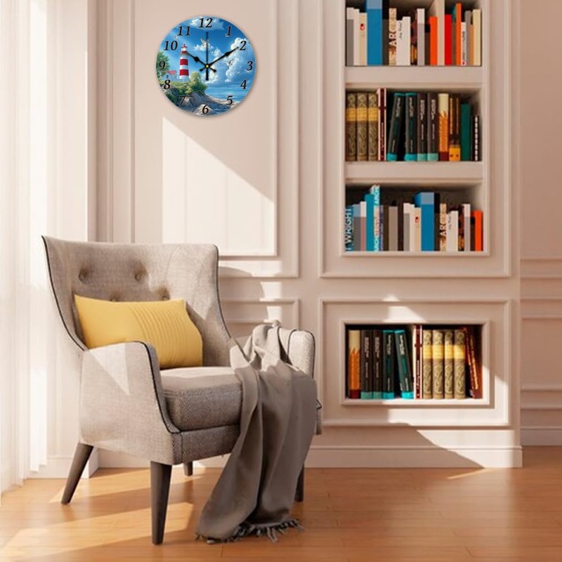 CHGCRAFT Ocean Lighthouse Wall Clock 12 Inch Battery Operated Wall