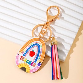 SKYFUN Teacher Keychain Wooden Teacher Appreciation Key Chains With Pendant Rainbow Tassel Keys Ring Teacher Appreciation Gift for Graduation Teacher's Day Thanksgiving Day Christmas, Oval