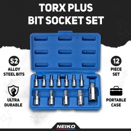 Neiko 10086A 6 Point Torx Plus Bit Socket Set, 1/4-Inch, 3/8-Inch and 1/2-Inch Drive, TP8 - TP60, 12-Piece