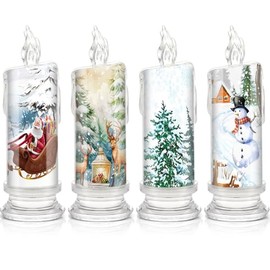 Gejoy 4 Pcs Christmas Flameless Candles Xmas LED Candles Battery Operated Flickering Pillar Candles with Santa Claus Snowman Deer Tree for Gift Christmas Holiday Party Decorations