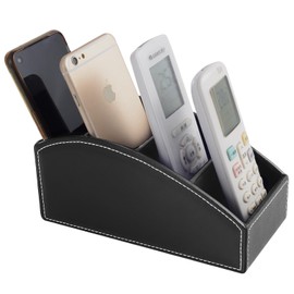 XNONE Remote Control Holder Leather Remote Control Organiser with 4 Compartments, Multifunction Bedside Desk Organiser, Desk Organiser, Pen Holder for Pens, Glasses, Mobile Phones, Make-Up, Black