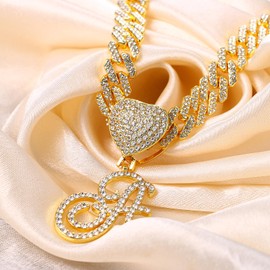 Flongo Women's Necklace Silver Necklace: Gold Iced Out Cuban Link Chain Kuban Plate Chain Statement Curb Chain Fashion Jewellery Women Choker Hip Hop Jewellery Chains with A Pendant Gift for Men