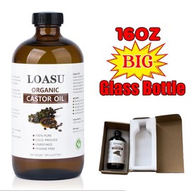 Loasu [Large Bottle] Castor Oil Organic Cold Pressed Unrefined Glass Bottle, 100% Pure Castor Oil, Hexane Free Cold Pressed, Organic Castor Oil for Face, Hair, Eyelashes and Castor Oil Pack, 16fl.oz/473ml body oils  Comfort Cosmetic body oil