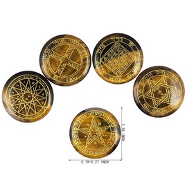 mookaitedecor Tiger's Eye Stone Witches Runes Set of 5, Healing Crystal Solomon Symbols Engraved Reiki Palm Stone Pagan Witch Room Decor Witchcraft Decor Wiccan Gifts for Meditation Amulet Talismans