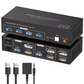 8K60Hz KVM Switch 2 Monitors 2 Computers 4K120Hz HDMI Displayport KVM Switches Dual Monitor for 2 PC Share Mouse Keyboard and 2 Displays Support Extended/Copy Mode with Extended Controller