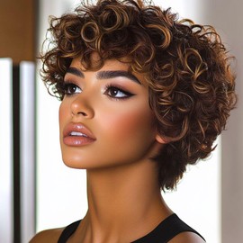 Short Wigs for Black Women Brown Pixie Cut Wig with Bangs African American Wigs for Black Women Short Curly Afro Wigs Synthetic Brown Short Curly Bob Wig