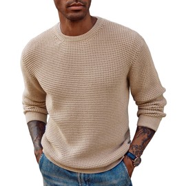 PJ PAUL JONES Mens Crewneck Sweaters Waffle Pullover Sweater Warm Lightweight Knitwear Khaki