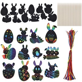 48 pcs Ostern Kratzbilder, Magische Bunte Regenbogen-Scratch-Papierkarte Scratch Crafts für Kinder Ostereierhasen-Kükenform mit Bändern Kratzstift Scratch Art für Osterfest Party Deko DIY Handwerk