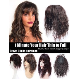 Water Wavy Hair Crown Piece Clip in Middle Part Topper with Choppy Fringe Thin/35cm, Light Brown