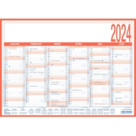 Working Day Calendar 2024 – A4 (29 x 21 cm) – 6 Months on 1 Page – Board Calendar – Laminated on Cardboard – Year Planner – 908-1315