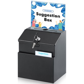 KYODOLED Suggestion Box with Lock and Slot, Metal Wall Mounted Donation Key Drop Box, Ballot Box with Clear Acrylic Sign Holder and 50 Free Suggestion Cards & 2 Keys, 8.5H x 5.9W x 7.3L Inch, Black