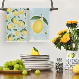 Artoid Mode Lemon Flower Summer Kitchen Towels Dish Towels, 18x26 Inch Seasonal Summer Decoration Hand Towels Set of 2