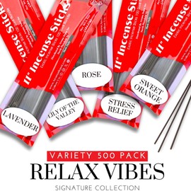 Aroma Depot Relax Vibes 11'' Incense Sticks - Variety Set 500 Pack - 11 inch - 5 Bundles 100 Sticks Per Fragrance Scent. Set Features Lavender, Lily of The Valley, Rose, Stress Relief, Sweet Orange