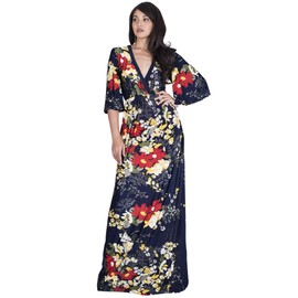 KOH KOH Plus Size Womens Long 3/4 Sleeve V Neck Floral Print Boho Hawaiian Outfit Summer Casual Flowy Beach Wear Maternity Empire Waist Modest Gown Gowns Maxi Dress Dresses, Dark Navy Blue XL 14-16