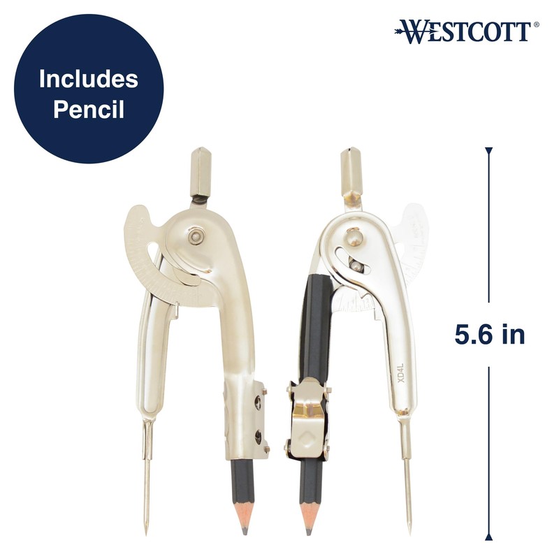 Westcott Nickel-Plated Ball Bearing Compass with Pencil, Back-to-School, School Supplies,