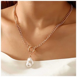 Cimenexe Punk Irregular Pearl Pendant Necklace, Vintage Pearl Necklace, Gold Curb Chain Necklace with Toggle Clasp, Choker Jewelry for Women and Girls