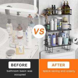 FLOLXNB Over The Toilet Storage Shelf, 3-Tier Bathroom Storage Organizer Upgrade Punch-Free Toliet Storage Shelf, Home Storage Rack with Hooks Shelf,Black