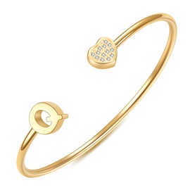 VQYSKO Heart Initial Cuff Bracelets for Girls Woman-CZ Stainless Steel Adjustable Open Bracelet Girl Jewellery,Birthday Gifts for Girls (Gold Q), 6.7in