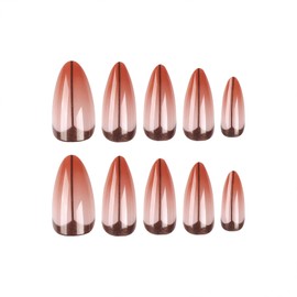 SINHOT Long Stiletto Press on Nails French Tip Almond Fake Nails Glossy Glue on Nails Brown Gradient Acrylic Nails Artificial Nails Black Line Stick on False Nails with Design 24 pcs