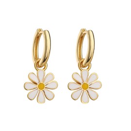 Small Hoop With Daisy Flower Charm Earrings for Women Teen Girls Cartilage Nickel Free Dainty Cute 14K Gold Plated Lucky Flowers Short Dangle Drop Piercing Hinged Huggie Hoops Fashion Jewelry (White)