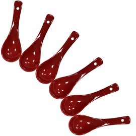 Yuauy 6 pcs Dark Red Porcelain Soup Spoon Round-Bottom Asia Ceramic Rice Spoons Chinese Won Ton Spoons for Home Kitchen Restaurant