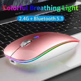 TENMOS Wireless Bluetooth Mouse, LED Slim (BT 5.1 + USB) 2.4GHz Rechargeable Silent Mouse with Type C Adapter for Laptop/MacBook/iPad OS 13 and Above (Rose Gold)