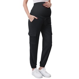 POSHGLAM Women's Maternity Cargo Pants Joggers Casual Workout Comfy Stretch Sweatpants with Drawstrings(Black, Small)