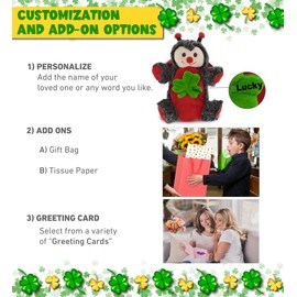 DolliBu Red Ladybug Hand Puppet Stuffed Animal with Green Plush Shamrock and Name Personalization, St Patricks Day Stuffed Animal Ladybug, Cute Good Luck St Patricks Day Toys for Kids, Baby - 8 Inch