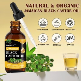 DAMUSI Jamaican Black Castor Oil, Organic Cold Pressed Unrefined Glass Bottle Natural Pure Organic Black Castor Oil for Hair Growth Eyelashes Eyebrows Skin Care Oil 2.02 Fl Oz