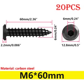 Qrity 20 PCS Self Tapping Screws, M6x60mm Flat Socket Cap Self Tapping Screws, Flat Head Furniture Screw, Sheet Metal Screws, Black