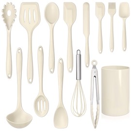 LIANYU 14 Pcs Kitchen Utensils Set with Holder, Silicone Cooking Utensils Spatula Set, Heat Resistant Cookware Tools Includes Spoon Turner Whisk Tong, Dishwasher safe, Cream White
