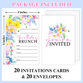 EULNNOI Birthday Brunch Invitations, Floral Birthday Invite Cards With Envelopes, 20 Fill-In Style Party Invitations For Women Girls, Party Supplies Favors Decorations-011