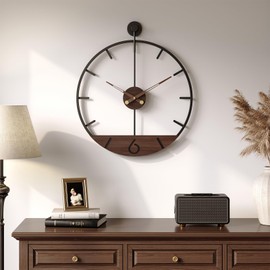 Cuspin 16 Inch Modern Wall Clock with Walnut Wood Dial, Silent Non-Ticking Battery Operated Metal Frame Clock Decorative for Living Room, Kitchen, Office, or Bedroom Wall Decor, Black and Brown