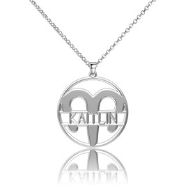 LoEnMe Jewelry Silver Plated Aries Woman Custom Made Engraved Sterling Silver Customized Name Necklace