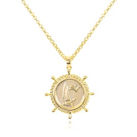 Gold Boat Rudder Pendant Necklace for Women 14K Gold Plated Round Sailboat Charm Necklace Nautical Sailor Ship Wheel Pendant Necklace Adjustable Chain Sea Summer Beach Ocean Jewelry Gift for Women Men