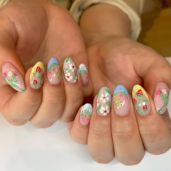 French Tip Press on Nails Medium Short Almond Fake Nails