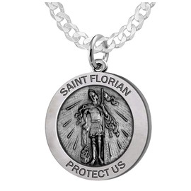 US Jewels Men's 1in 925 Sterling Silver Antiqued Finish Saint Florian Round Pendant Necklace, 18in to 24in (20in, 4mm Curb Chain)