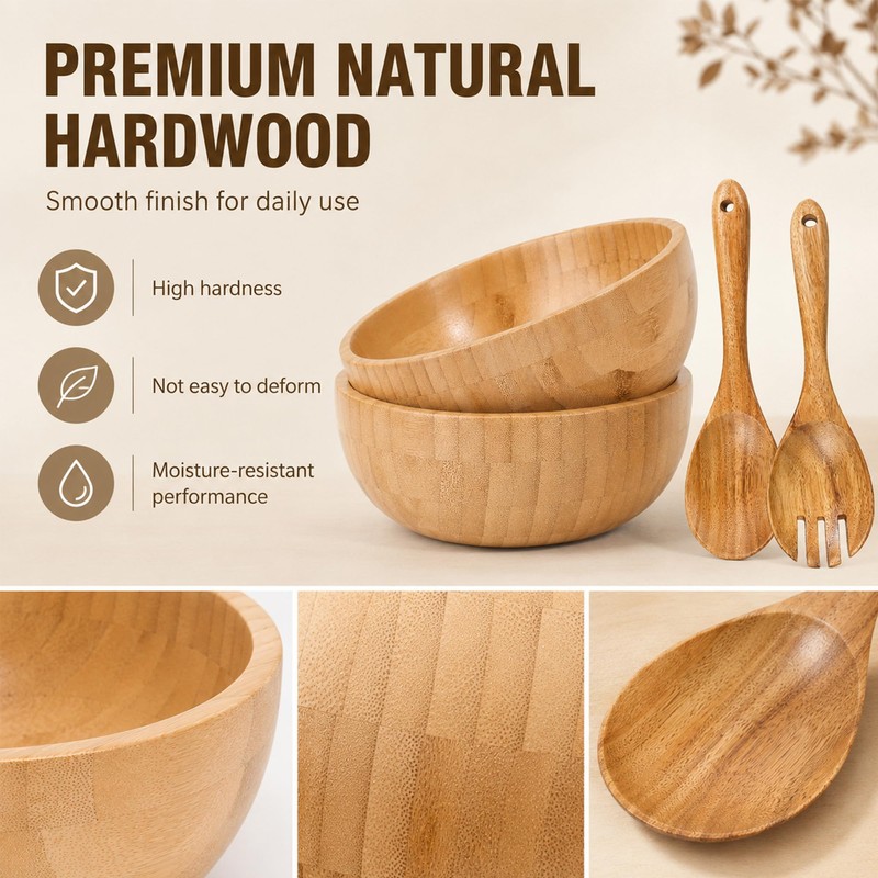 2 Sets Wood Salad Bowl with Spoons Forks, Large Natural