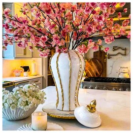 Ginger Jar, White Gold Ceramic Vase Large Handmade Porcelain Vases with Lid, White Gold Decorative Flower Vase for Home, Living Room, Weddings, Centerpieces (14in with Lid)