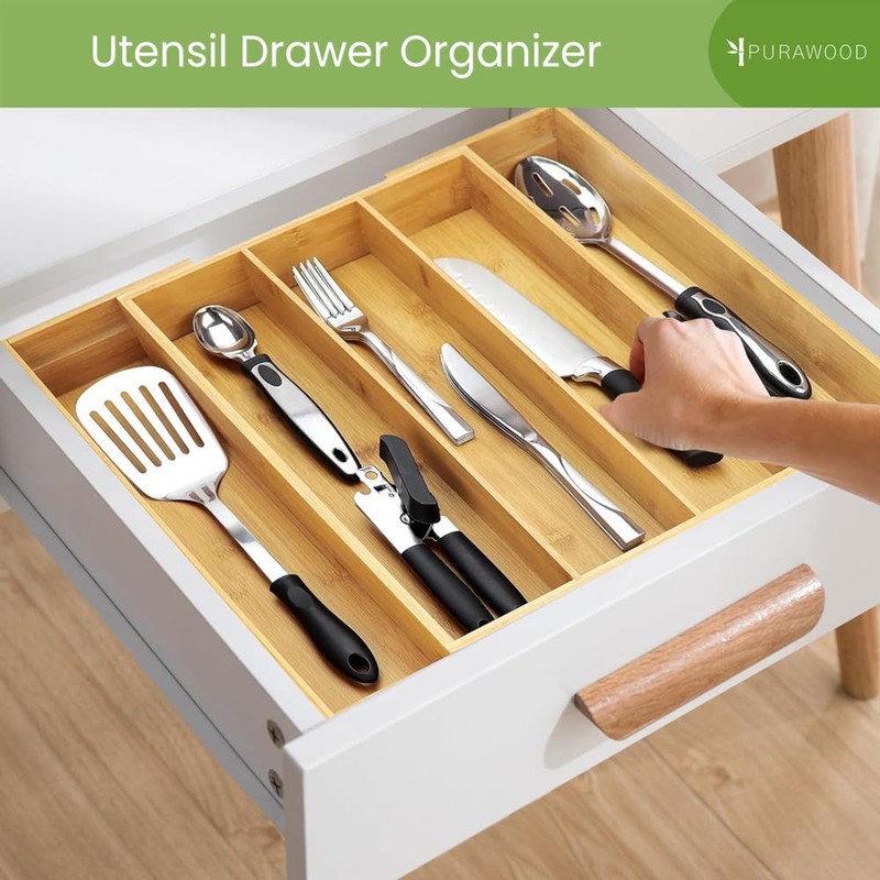 Purawood Kitchen Drawer Organizer - Expandable Utensil Drawer Organizer for