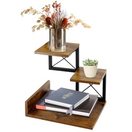 Jolitac Wood Desktop Shelf, Desktop Organizer Office Storage Rack Adjustable Wood Display Shelf 3 Tier Storage Display Rack Office Decor Stand Shelves with Metal Frame (Brown)