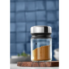 WMF Depot universal spreader 100ml, with aroma lid, spice jar, coarse scatter pattern, glass, Cromargan stainless steel, dishwasher-safe