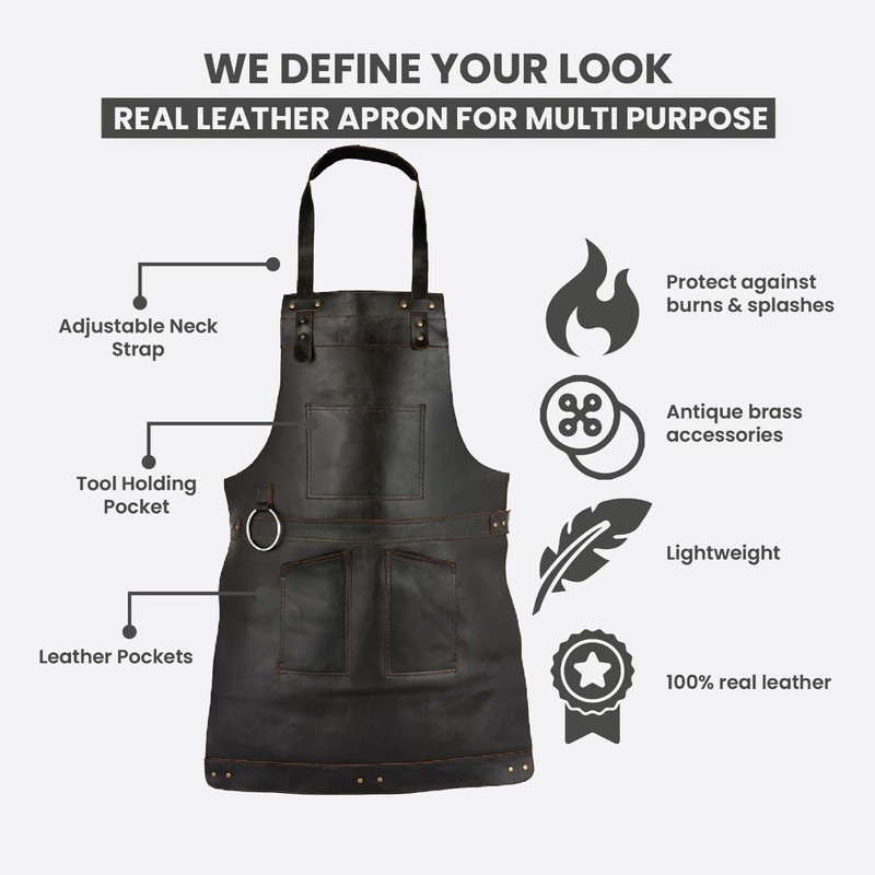 Dark Brown Full Grain Leather Apron Butcher Apron -Cook Apron