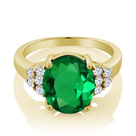 Gem Stone King 4.40 Cttw 18K Yellow Gold Plated Silver Green Simulated Emerald and White Created Sapphire Women Ring | Oval 12X10MM | Available in size 5, 6, 7, 8, 9