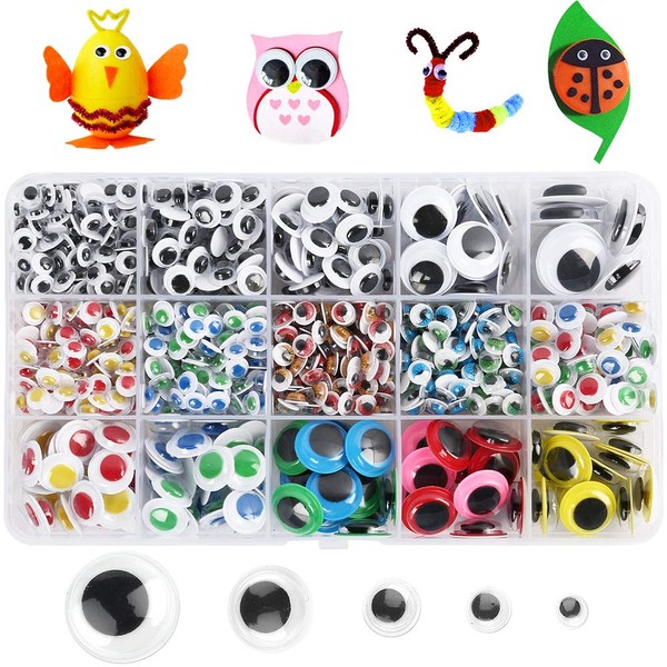 LotFancy 1100pcs Wiggle Googly Eyes for Crafts, Self-Adhesive Multi Colored Assorted Sizes (6mm, 8mm, 10mm, 12mm, 15mm, 20mm), Google Eyes Stickers for DIY, Toy Accessories, Art Crafts, Decoration